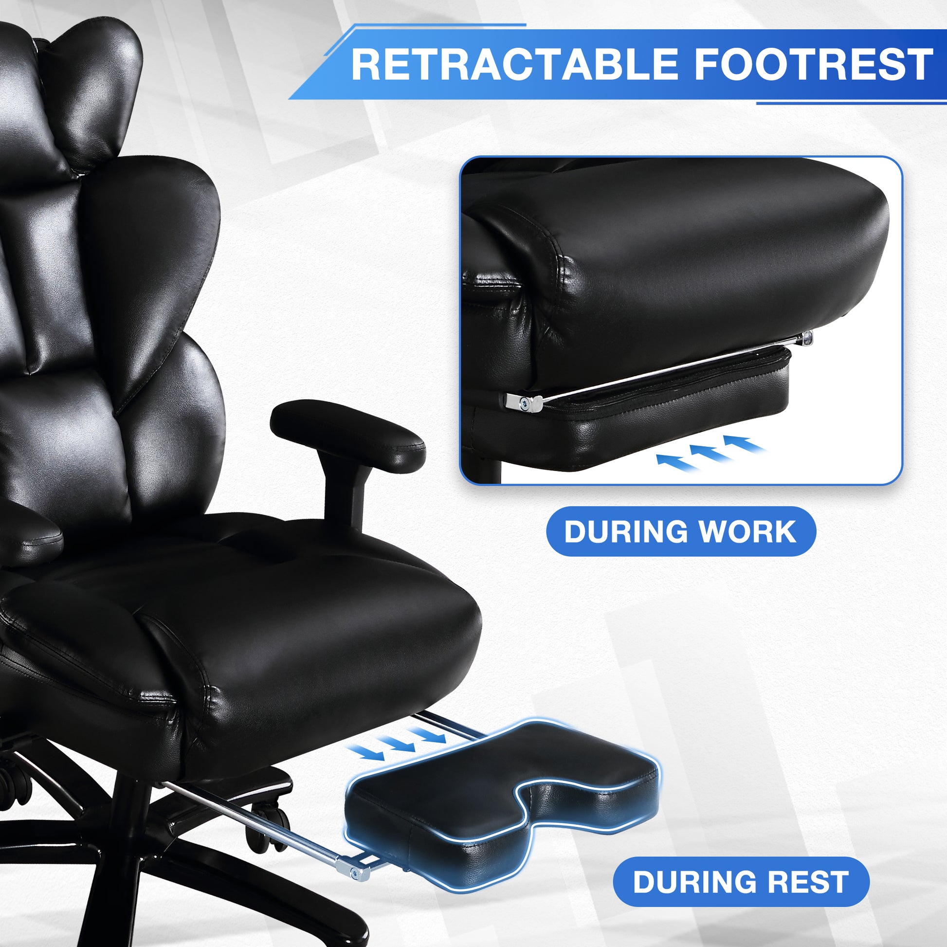 Big And Tall Office Chair, Back Support Office Chair, Glossy Pu Leather Executive Office Chair, Reclining Office Chair, Office Chair With Retractable Footrest And Liftable Padded Armrest Iron Black Leather