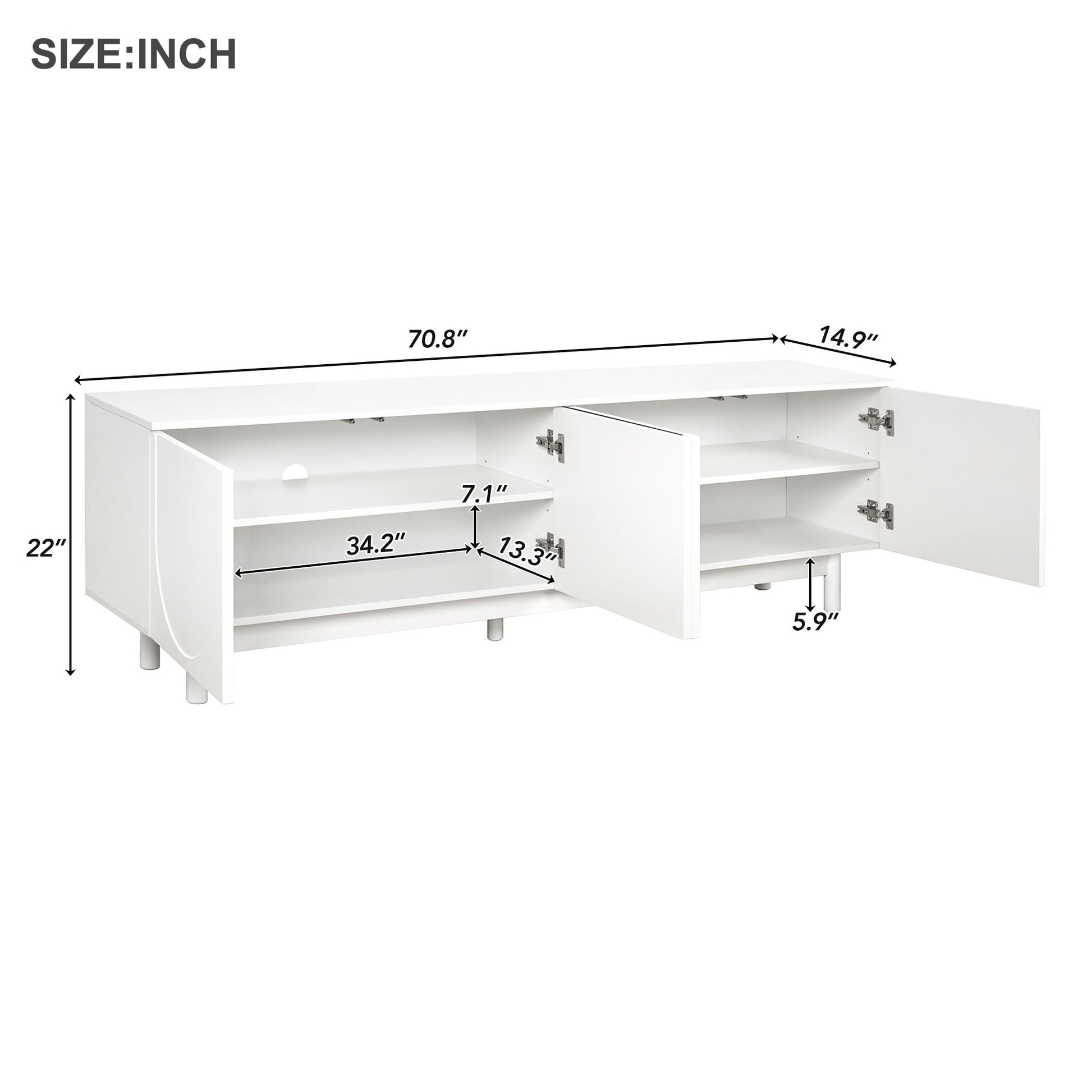 Graceful Tv Stand With Arch Cabinets For Tvs Up To 78'', Minimalist Entertainment Center With Solid Wood Legs, Practical Media Console With Adjustable Shelves For Living Room, White White Primary