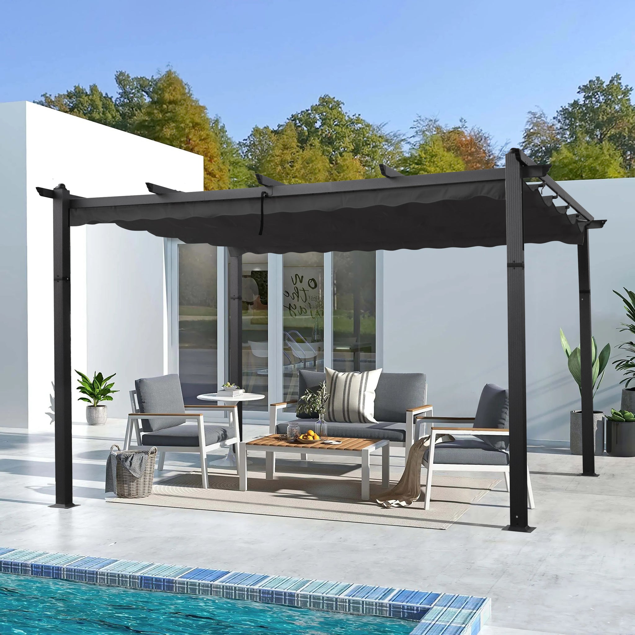 13X10 Ft Outdoor Patio Retractable Pergola With Canopy Sunshelter Pergola For Gardens,Terraces,Backyard, Gray Gray Aluminium