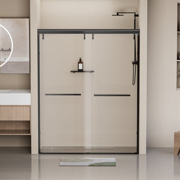 56 60 In. W X 76 In. H Semi Frameless Shower Door, Double Sliding Shower Door, 5 16" 8Mm Clear Tempered Glass Shower Door With Explosion Proof Film, Matte Black 24D212 60Mb Combo Matte Black Aluminium Alloy