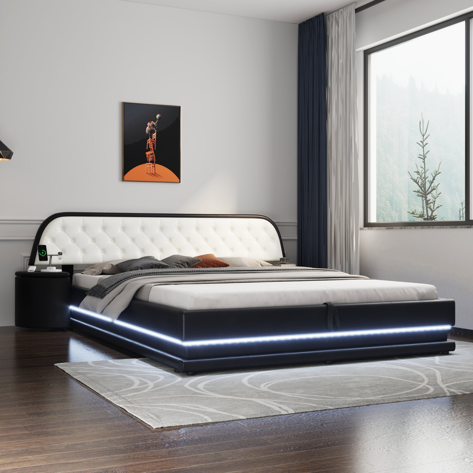 Queen Size Storage Upholstered Tufted Hydraulic Platform Bed With 2 Nightstands And Usb, Black Box Spring Not Required Queen Black Wood Bedroom Bed Frame Faux Leather Upholstered