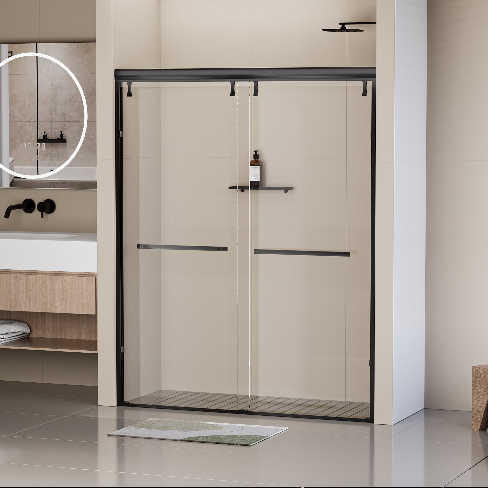 56 60 In. W X 76 In. H Semi Frameless Shower Door, Double Sliding Shower Door, 5 16" 8Mm Clear Tempered Glass Shower Door With Explosion Proof Film, Matte Black 24D212 60Mb Matte Black Bathroom