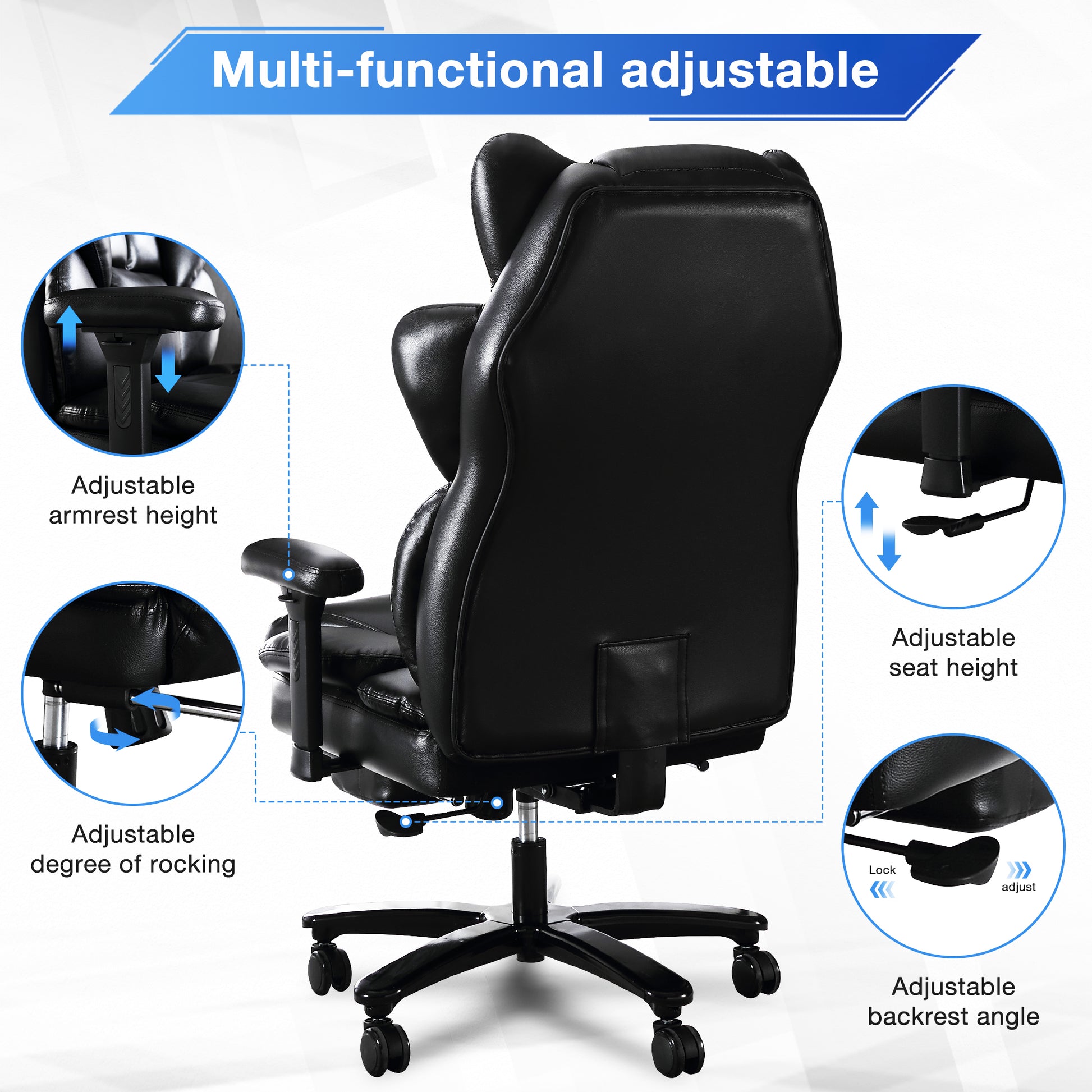 Big And Tall Office Chair, Back Support Office Chair, Glossy Pu Leather Executive Office Chair, Reclining Office Chair, Office Chair With Retractable Footrest And Liftable Padded Armrest Iron Black Leather