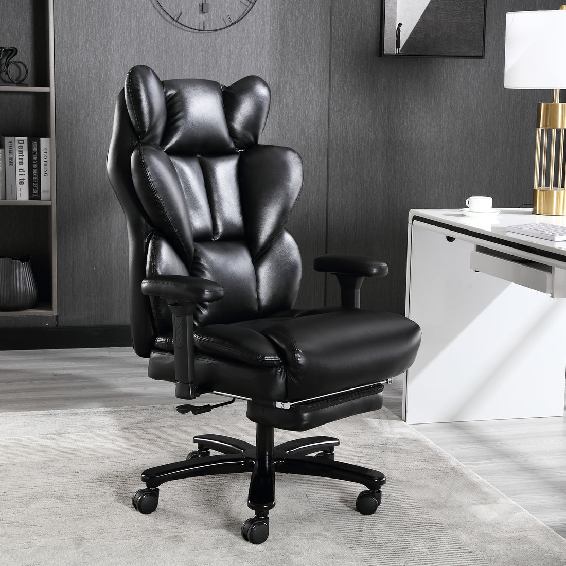 Big And Tall Office Chair, Back Support Office Chair, Glossy Pu Leather Executive Office Chair, Reclining Office Chair, Office Chair With Retractable Footrest And Liftable Padded Armrest Iron Black Leather