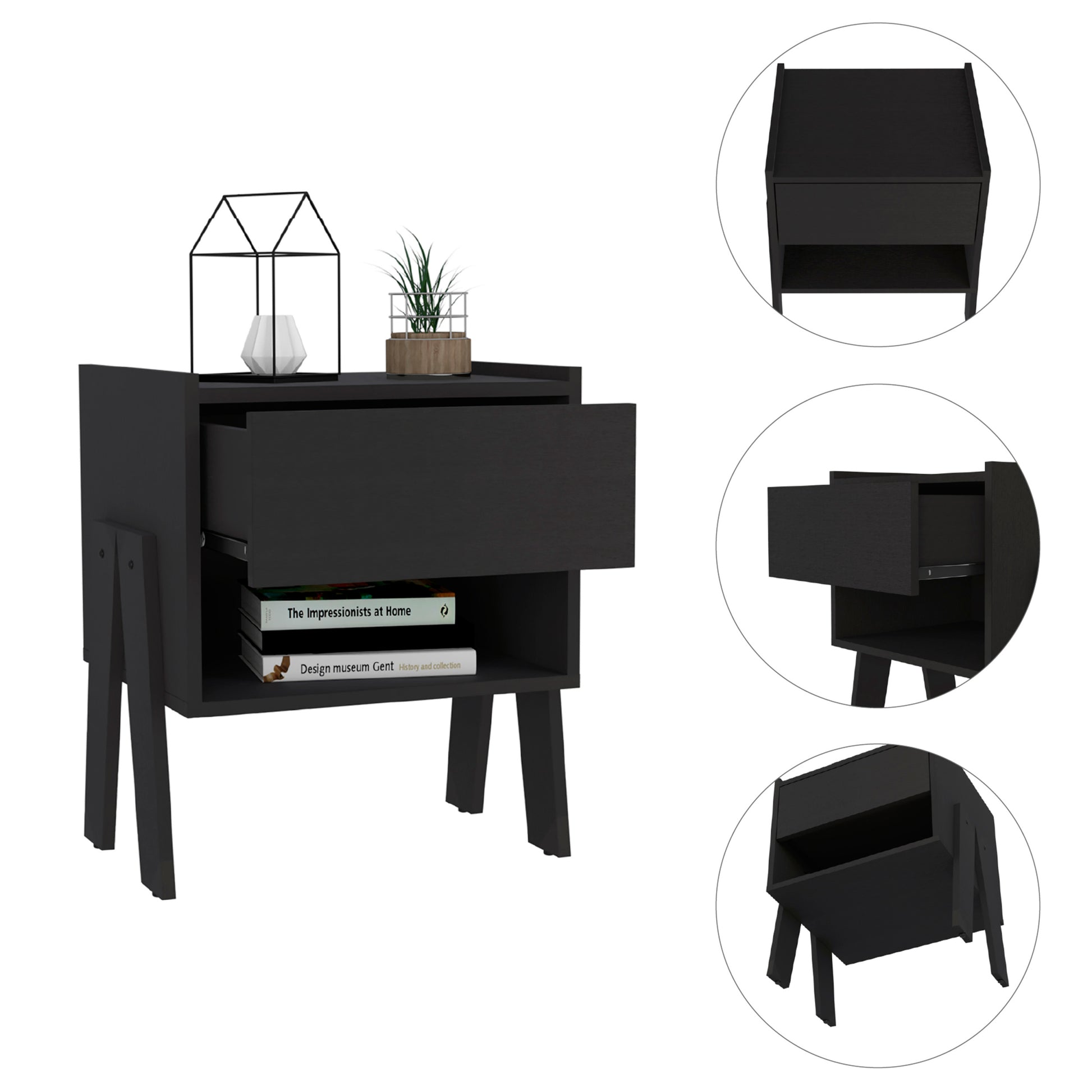 Depot E Shop Caladium Nightstand, One Drawer, One Open Shelf, Black Black Particle Board Particle Board