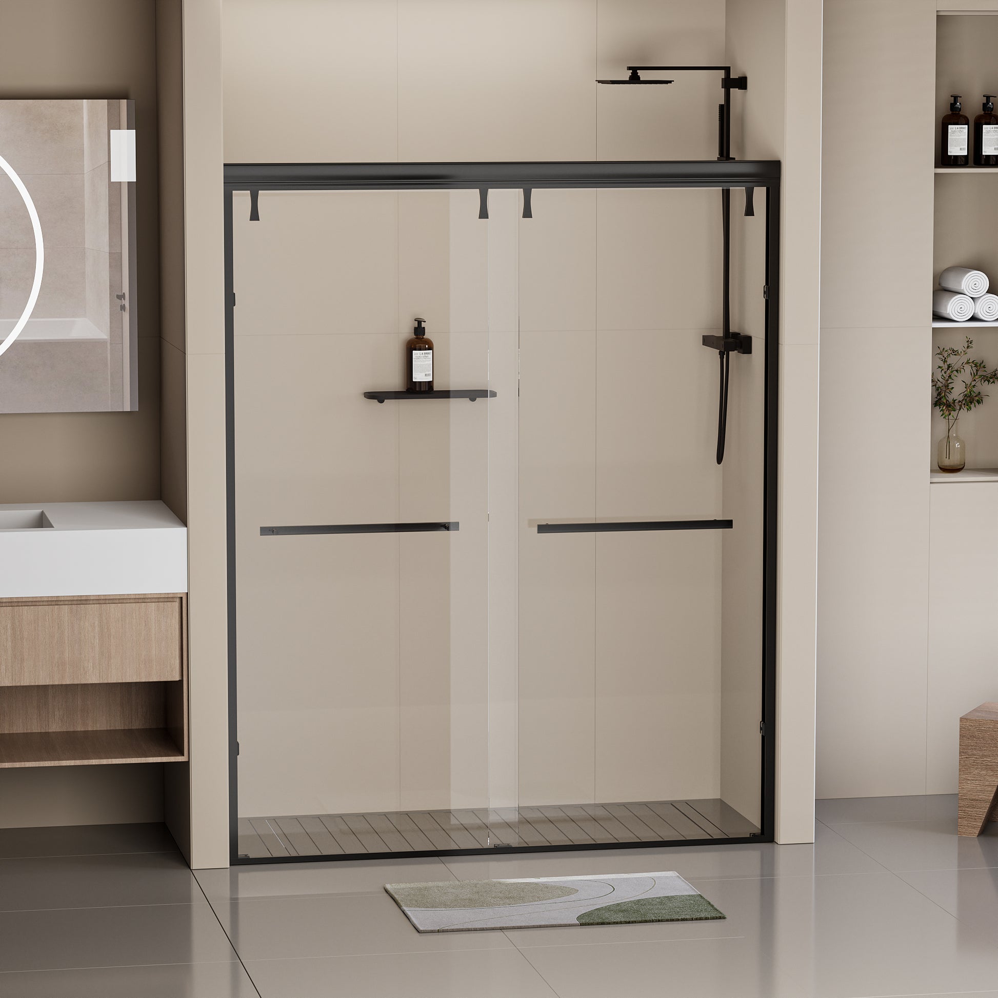 56 60 In. W X 76 In. H Semi Frameless Shower Door, Double Sliding Shower Door, 5 16" 8Mm Clear Tempered Glass Shower Door With Explosion Proof Film, Matte Black 24D212 60Mb Matte Black Bathroom