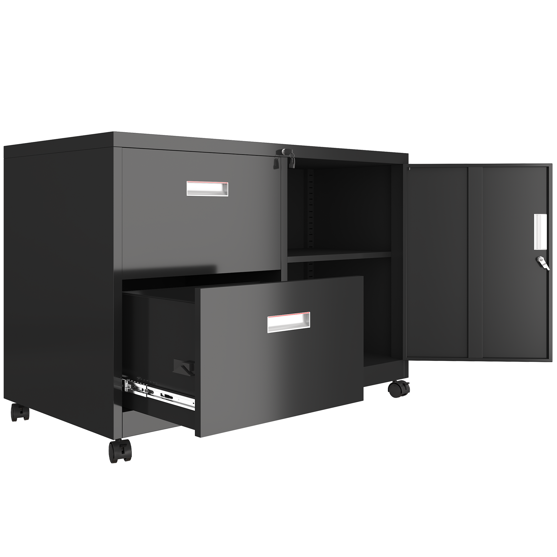 Metal Office Cabinet With 2 Drawers & Adjustable Shelves, Mobile Lateral Filing Cabinet With Lock Black Metal Metal Office Cabinet With 2 Drawers & Adjustable Shelves, Mobile Lateral Filing Cabinet With Lock Black Metal