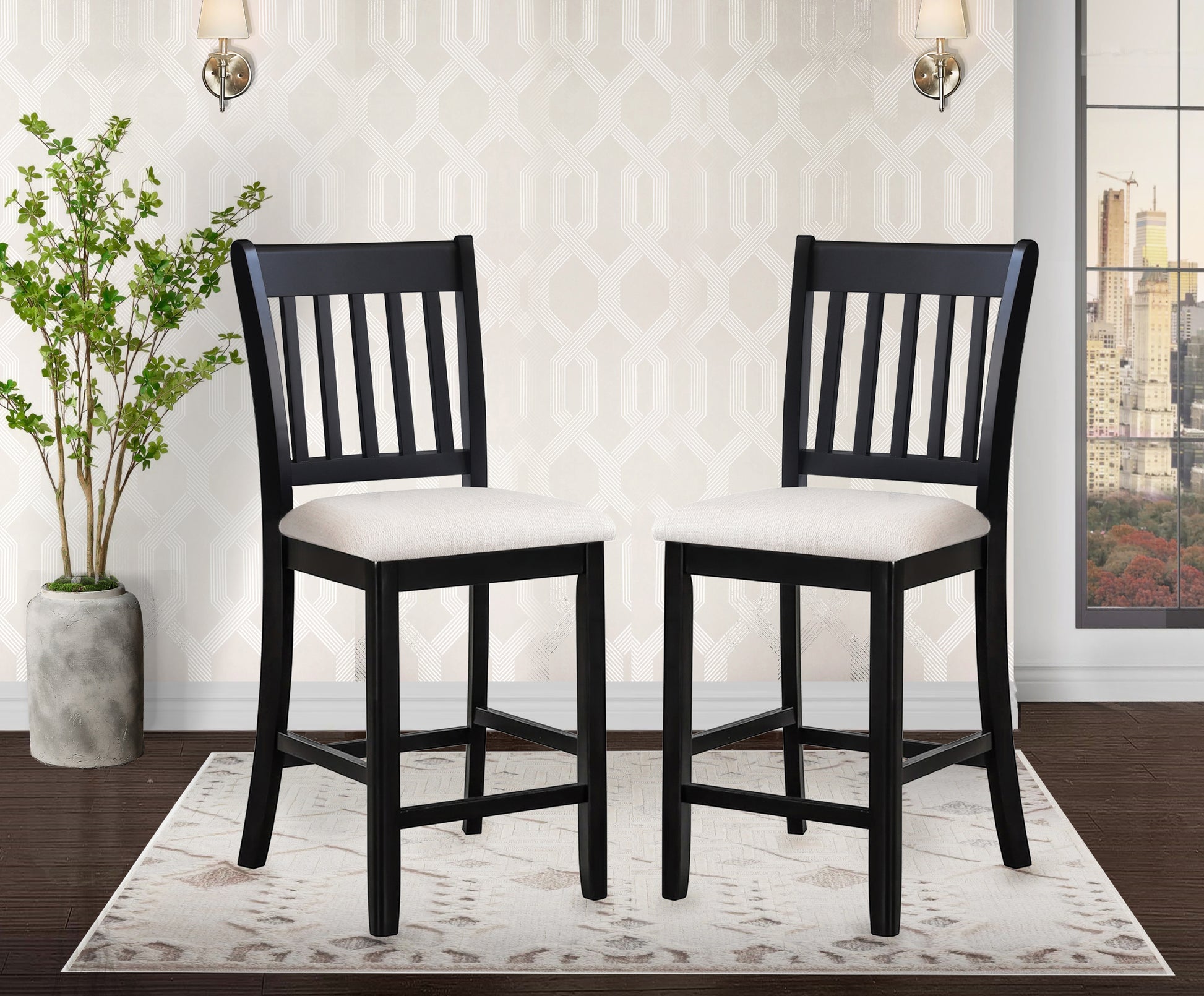 Casual Seating Black Finish Chairs Set Of 2 Rubberwood Transitional Slatted Back Design Dining Room Furniture Counter Chairs Solid White Dining Room Rubberwood Slat Back Engineered Wood Black White Painted Foam Dry Clean Rectangular