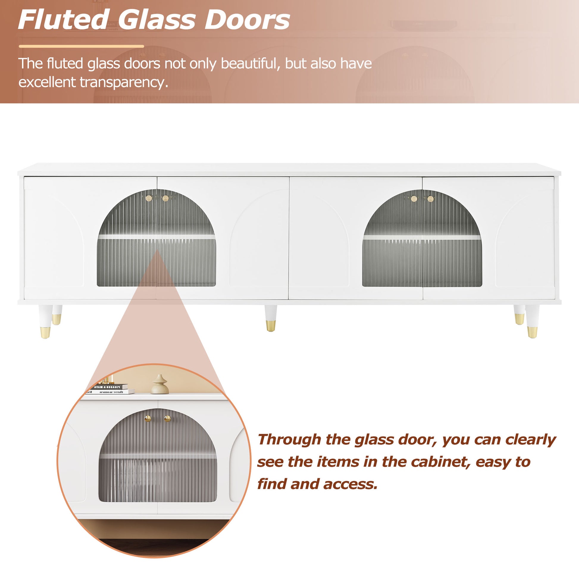 Contemporary Tv Stand With Adjustable Shelves For Tvs Up To 78'', Stylish Media Console With Gold Handles And Arch Fluted Glass Doors, Delicate Entertainment Center For Living Room, White White Primary Living Space 70 79 Inches 70 79 Inches Particle
