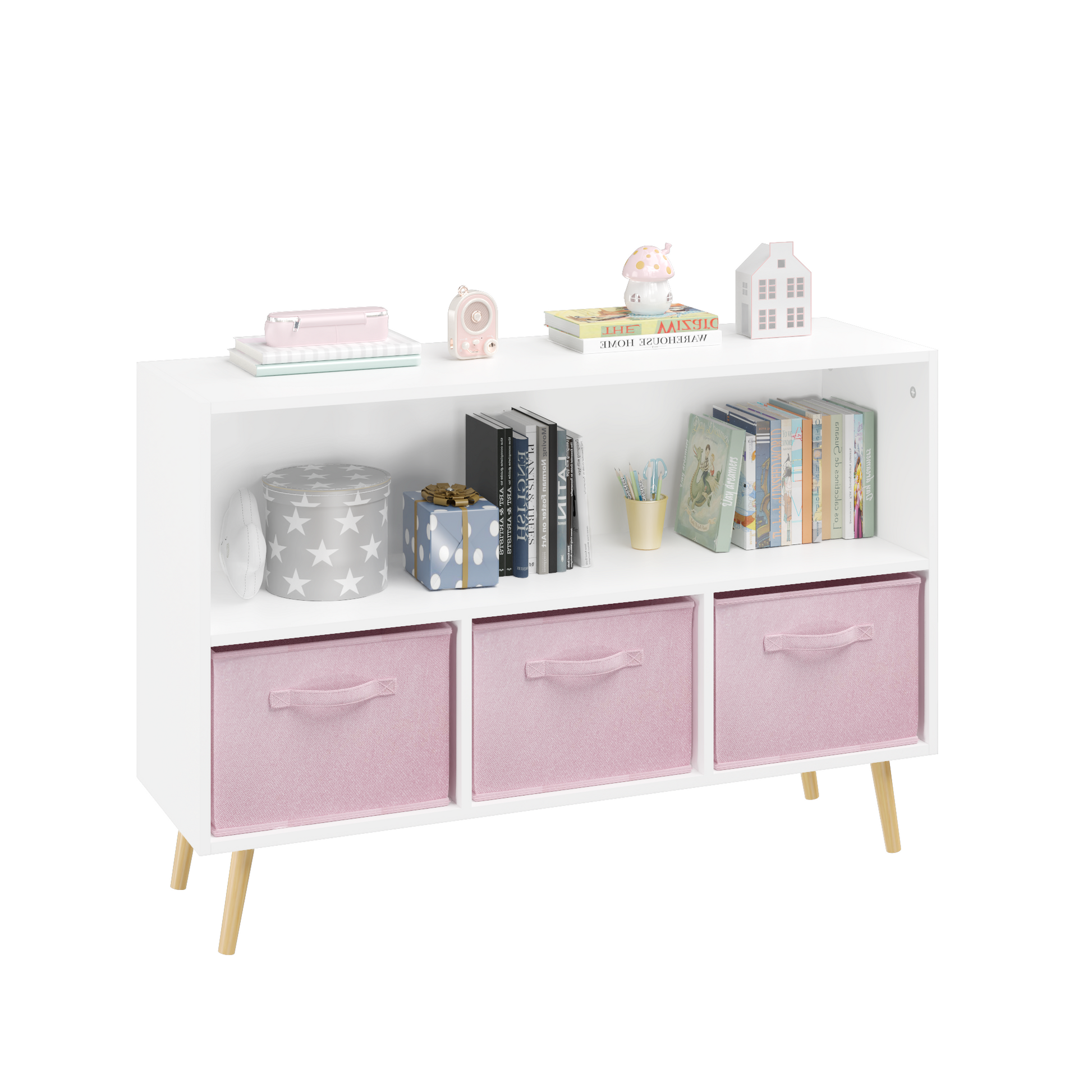 Kids Bookcase With Collapsible Fabric Drawers, Children'S Book Display, Toy Storage Cabinet Organizer, White Pink White Pink Mdf