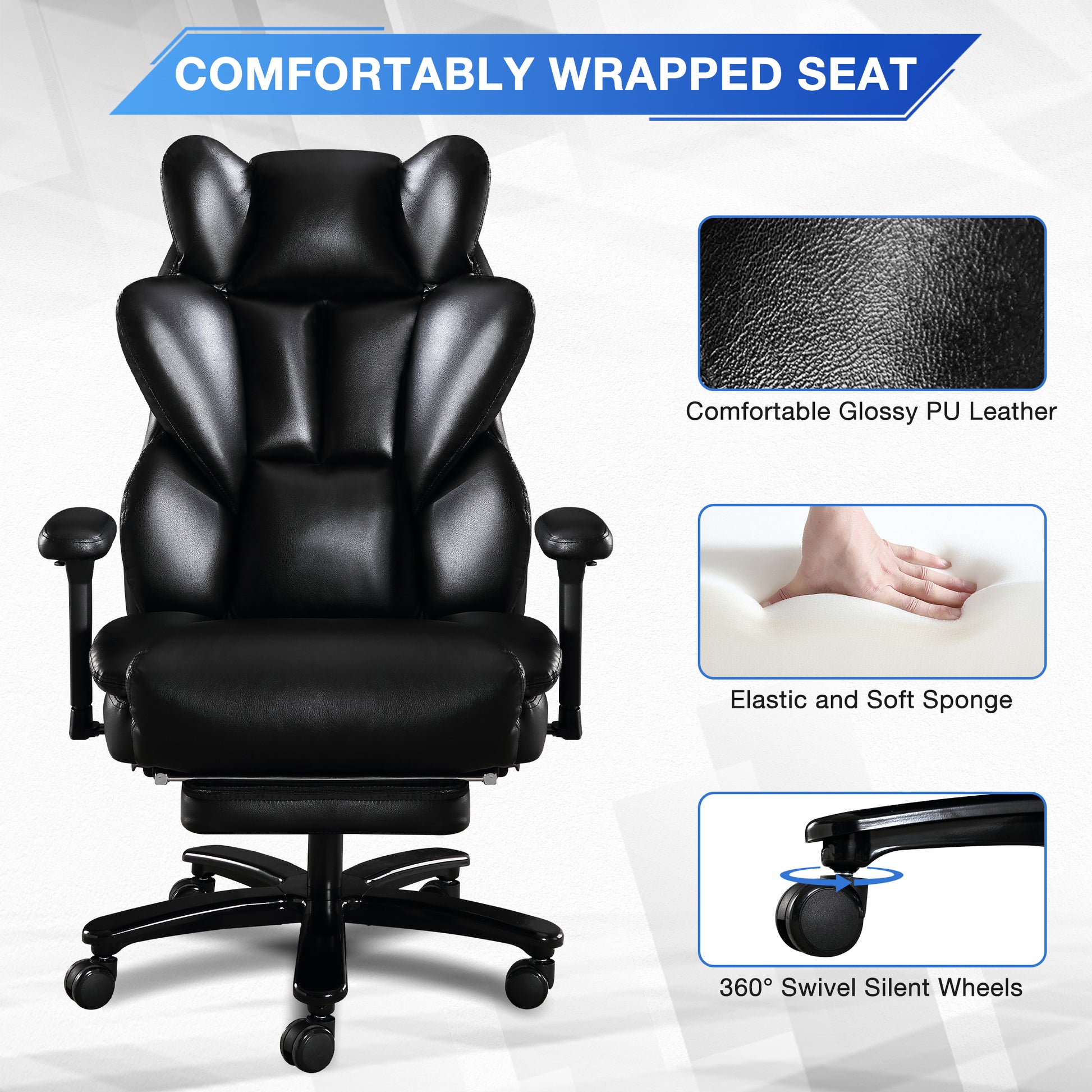 Big And Tall Office Chair, Back Support Office Chair, Glossy Pu Leather Executive Office Chair, Reclining Office Chair, Office Chair With Retractable Footrest And Liftable Padded Armrest Iron Black Leather