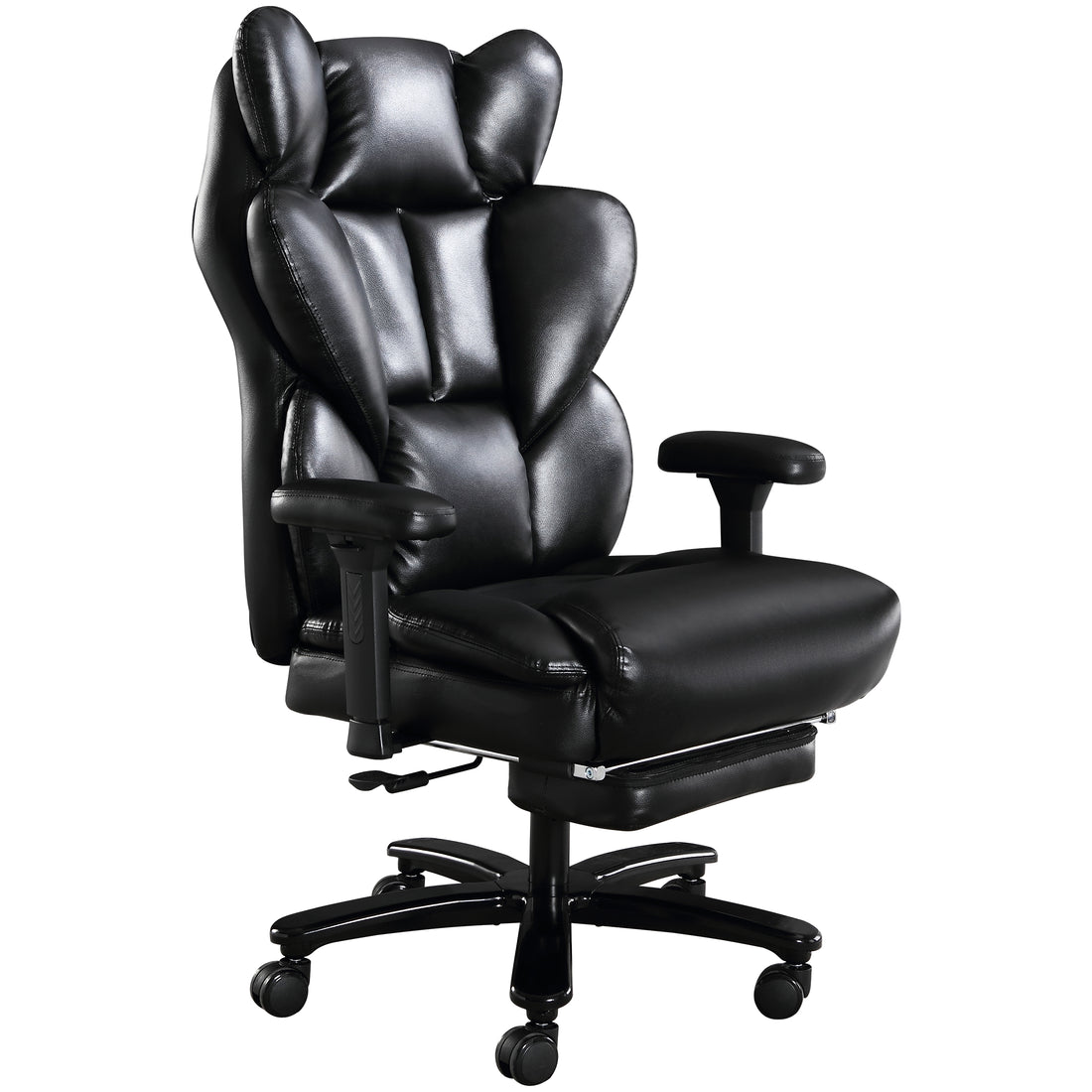 Big And Tall Office Chair, Back Support Office Chair, Glossy Pu Leather Executive Office Chair, Reclining Office Chair, Office Chair With Retractable Footrest And Liftable Padded Armrest Iron Black Leather