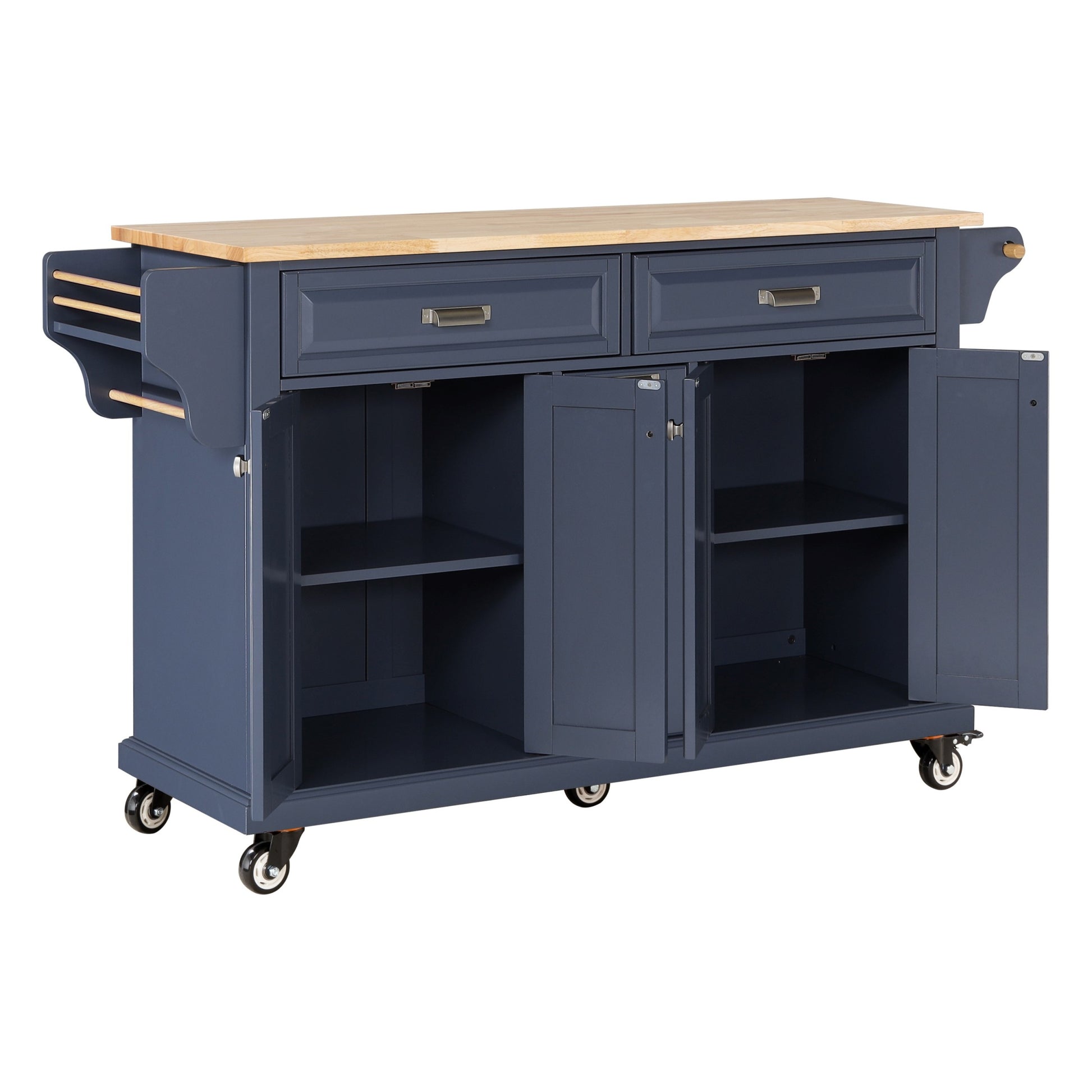 Kitchen Island With Rubber Wood Countertop, Kitchen Cart On 5 Wheels With Storage Cabinet And 2 Top Drawers And A Center Double Layered Storage Drawer For Dinning Room, Blue Blue Dining Room Rectangular Rubberwood Solid Wood Mdf Large 56 In