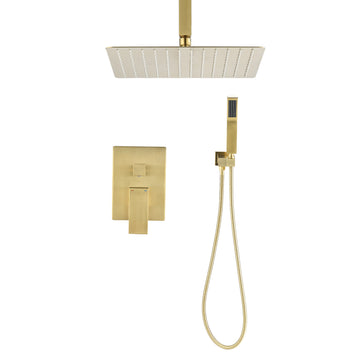 Ceiling Mounted Shower System Combo Set With Handheld And 12"Shower Head Gold Bathroom Brass