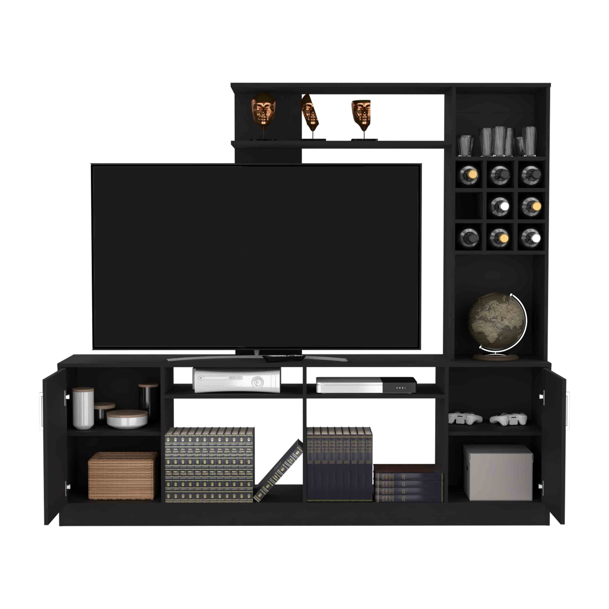 Kava Entertainment Center, Six External Shelves, Double Door Cabinet, Storage Spaces For Tv S Up 37" Black Black Primary Living Space 60 69 Inches Modern Particle Board Particle Board