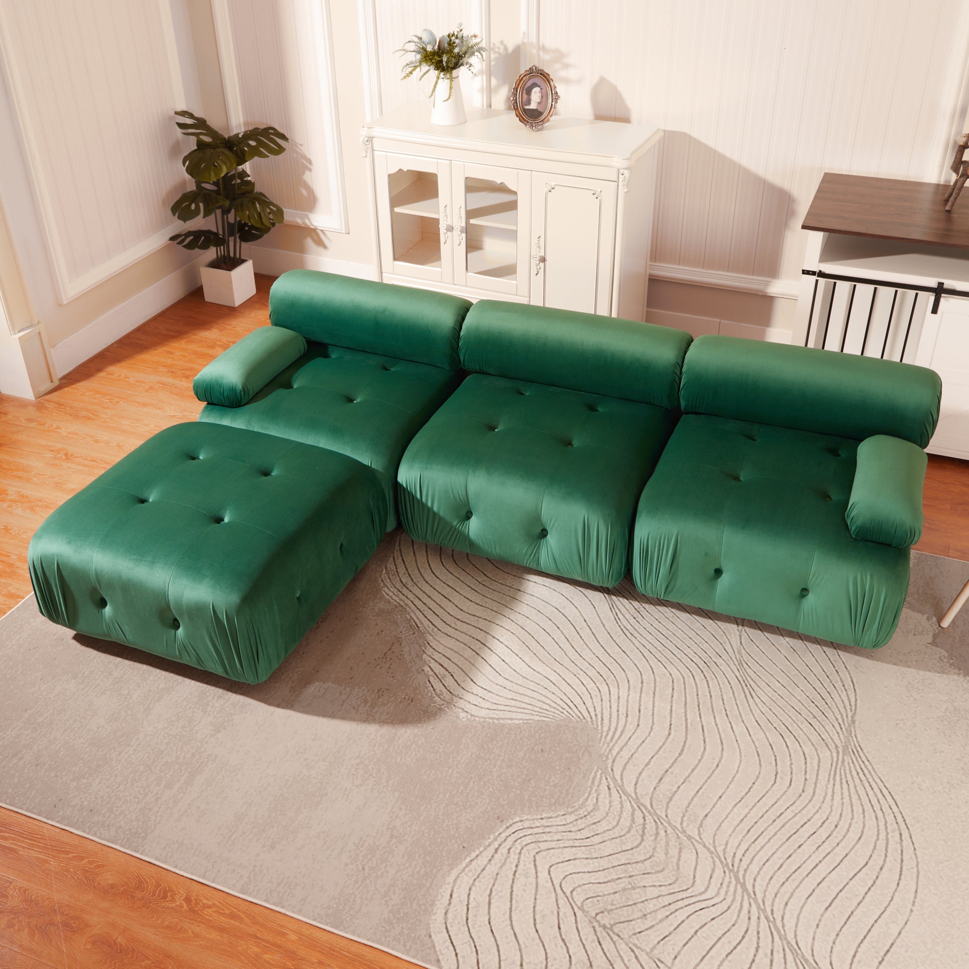 Modular Sectional Sofa Couch, Modern L Shaped Cloud Couch With Reversible Ottoman Convertible Button Tufted Velvet Fabric Couches For Living Room, Diy Combination,Green Green Velvet 4 Seat