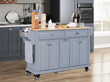 Kitchen Island With Rubber Wood Countertop, Kitchen Cart On 5 Wheels With Storage Cabinet And 2 Top Drawers And A Center Double Layered Storage Drawer For Dinning Room, Grey Grey Dining Room Rectangular Rubberwood Solid Wood Mdf Large 56 In