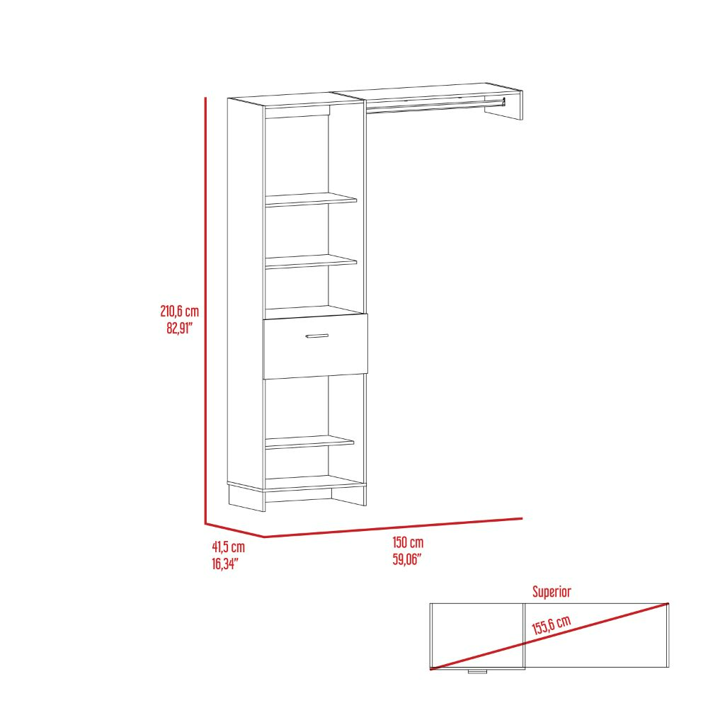 Manchester 150 Closet System, Metal Rod, Five Open Shelves, One Drawer White White Bedroom Modern Particle Board Particle Board