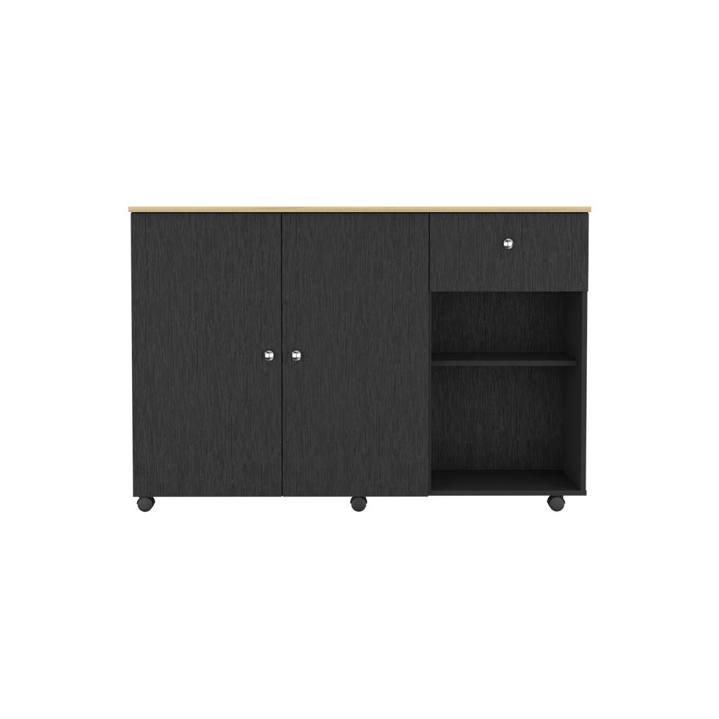 Kitchen Island Cart Victoria, Four Interior Shelves, Six Carters, One Drawer, Double Door Cabinet Black Black Modern Rectangular Stationary Kitchen Islands Particle Board Particle Board Medium 40 55In