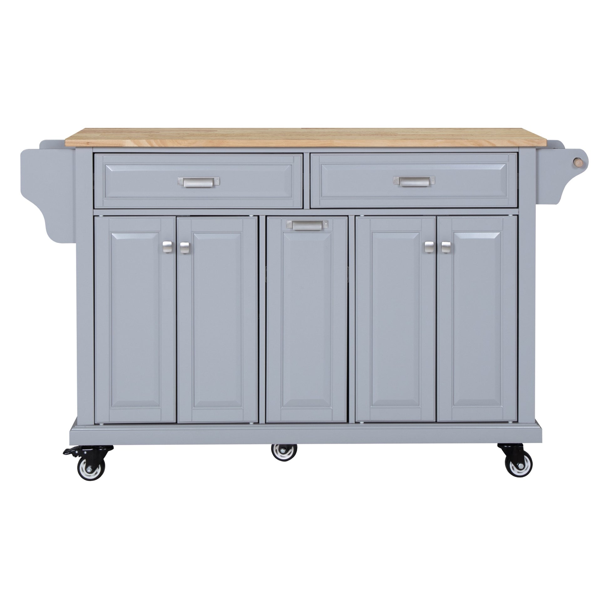 Kitchen Island With Rubber Wood Countertop, Kitchen Cart On 5 Wheels With Storage Cabinet And 2 Top Drawers And A Center Double Layered Storage Drawer For Dinning Room, Grey Grey Dining Room Rectangular Rubberwood Solid Wood Mdf Large 56 In