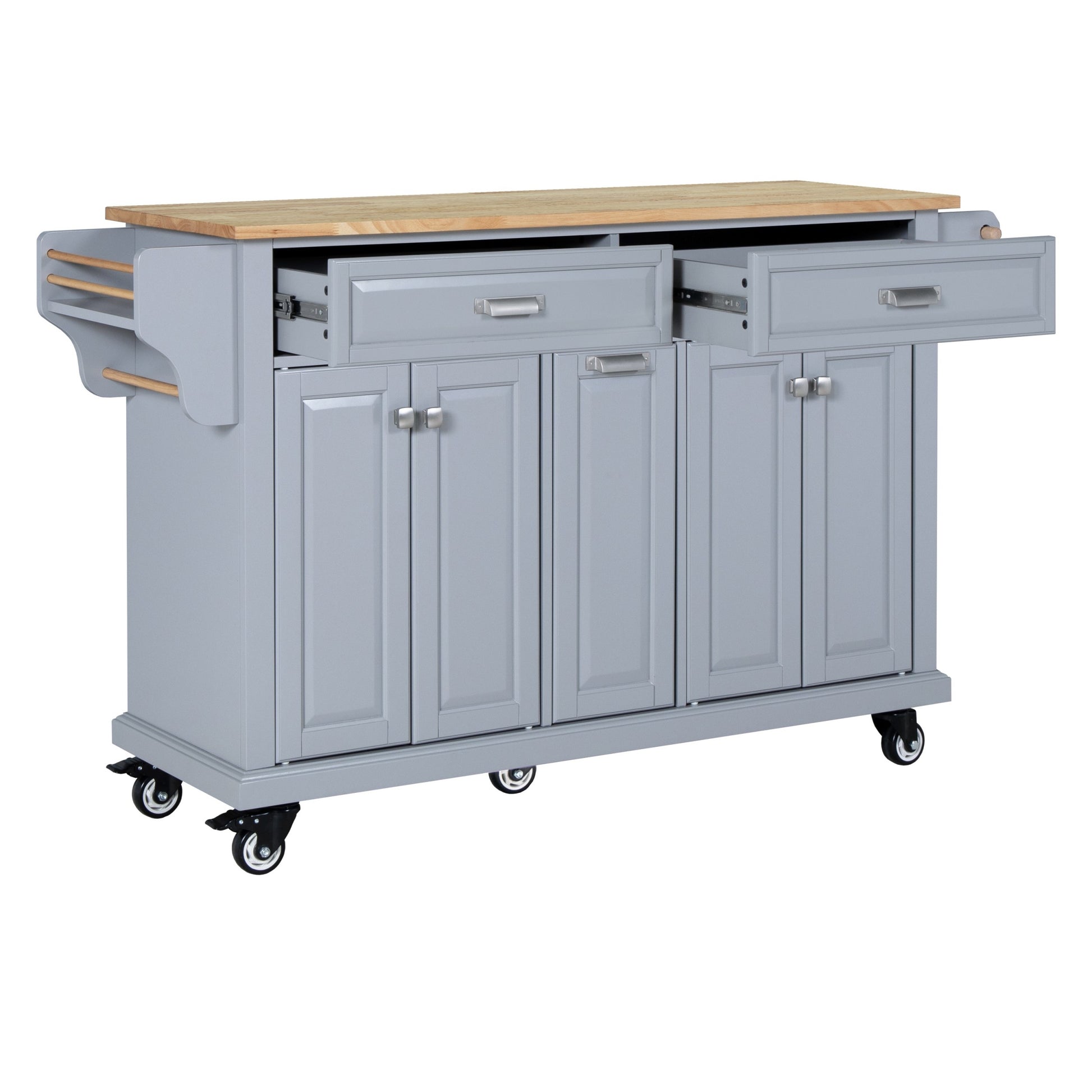 Kitchen Island With Rubber Wood Countertop, Kitchen Cart On 5 Wheels With Storage Cabinet And 2 Top Drawers And A Center Double Layered Storage Drawer For Dinning Room, Grey Grey Dining Room Rectangular Rubberwood Solid Wood Mdf Large 56 In