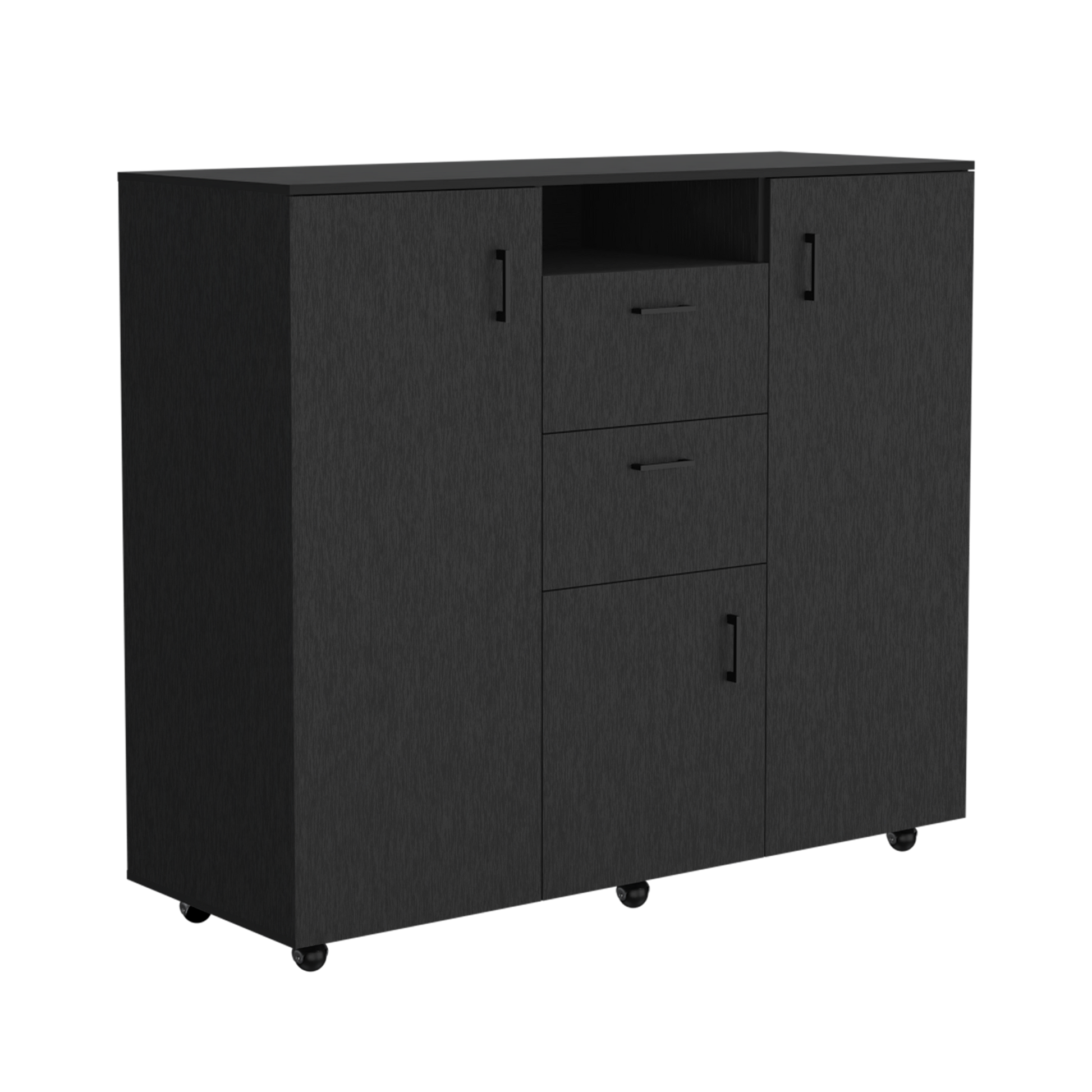 Letna Double Door Cabinet Dresser, Two Drawers, Four Interior Shelves, Three Cabinets With Door, Rod Black Black Particle Board Particle Board