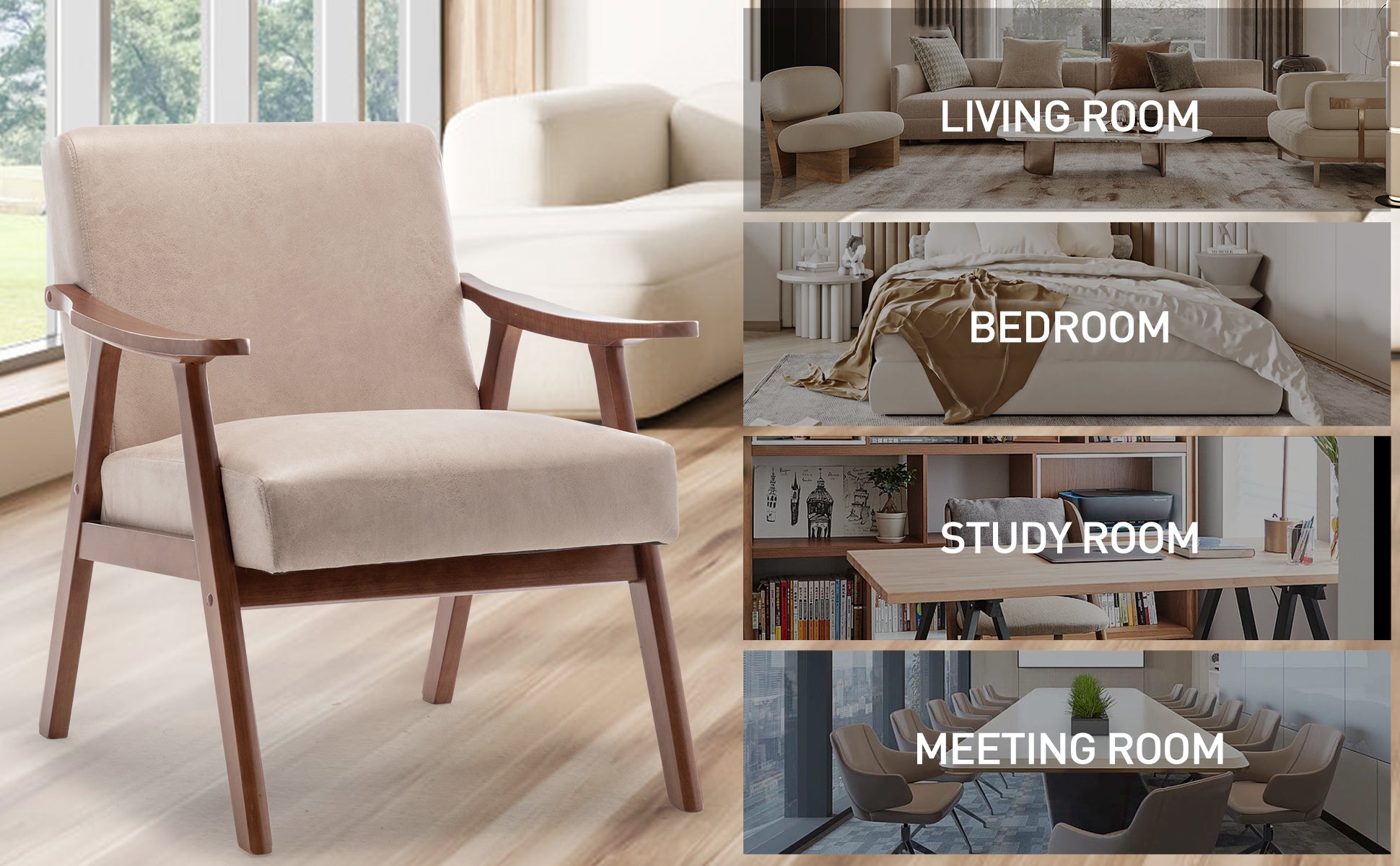 Mid Century Modern Chair, Living Room Chair With Solid Wood Frame, Accent Chair Extra Thick Backrest, Wingback Chair For Bedroom, Reading Room, Living Room, Lounge Chair Indoor Light Camel Primary Living Space Mid Century Modern Foam Fabric