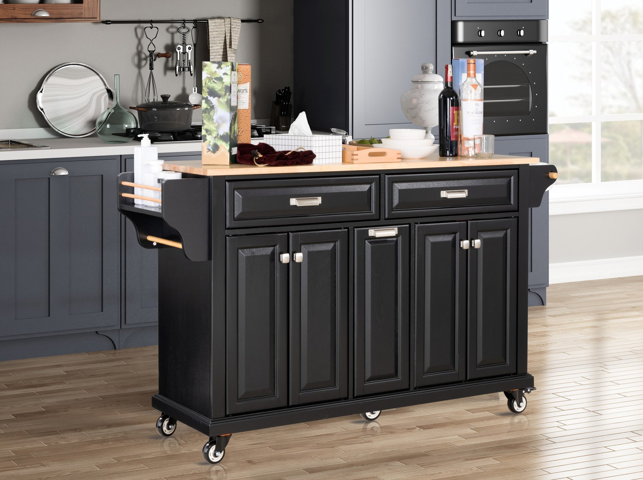 Kitchen Island With Rubber Wood Countertop, Kitchen Cart On 5 Wheels With Storage Cabinet And 2 Top Drawers And A Center Double Layered Storage Drawer For Dinning Room, Black Black Dining Room Rectangular Rubberwood Solid Wood Mdf Large 56 In