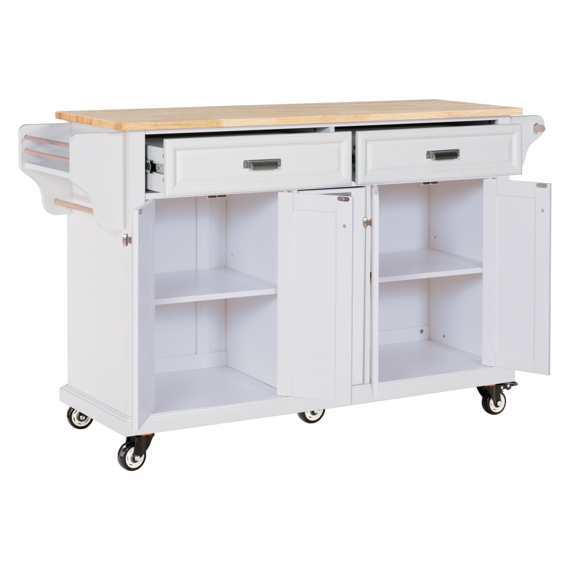 Kitchen Island With Rubber Wood Countertop, Kitchen Cart On 5 Wheels With Storage Cabinet And 2 Top Drawers And A Center Double Layered Storage Drawer For Dinning Room, White White Dining Room Rectangular Rubberwood Solid Wood Mdf Large 56 In