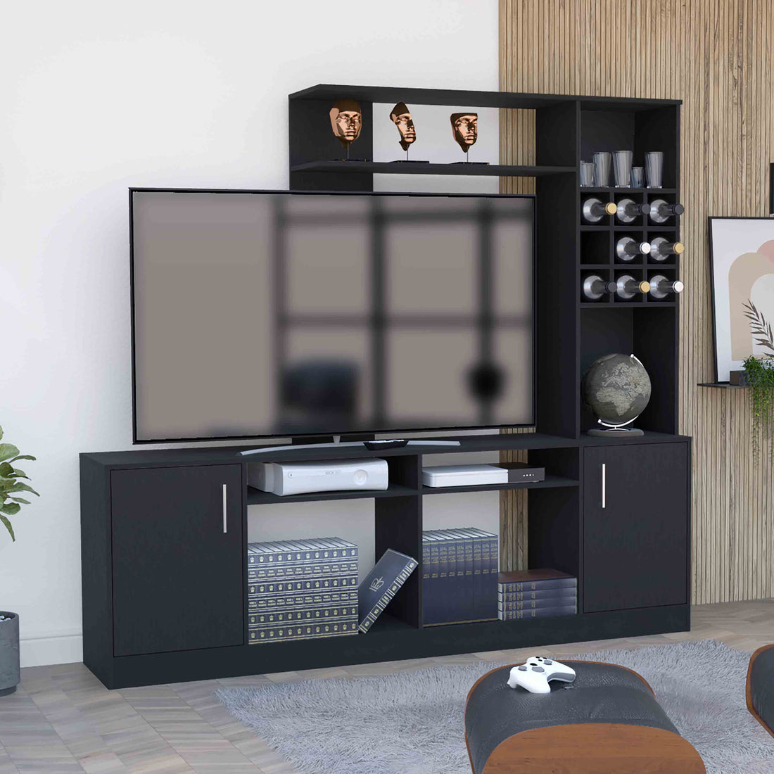 Kava Entertainment Center, Six External Shelves, Double Door Cabinet, Storage Spaces For Tv S Up 37" Black Black Primary Living Space 60 69 Inches Modern Particle Board Particle Board