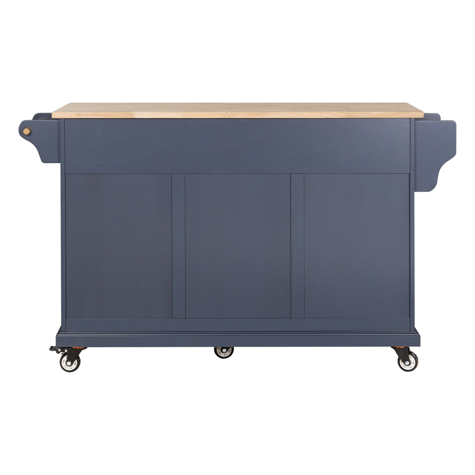 Kitchen Island With Rubber Wood Countertop, Kitchen Cart On 5 Wheels With Storage Cabinet And 2 Top Drawers And A Center Double Layered Storage Drawer For Dinning Room, Blue Blue Dining Room Rectangular Rubberwood Solid Wood Mdf Large 56 In