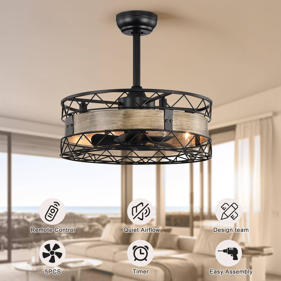 20.5" Caged Ceiling Fan 5 Abs Blades With Remote Control,Timer, 3 Speeds Indoor Ceiling Fan For Farmhouse, Bedroom Living Room, No Include Bulbs Matte Black American Design,Farmhouse,Modern,Traditional,Vintage Abs Metal