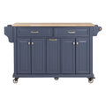 Kitchen Island With Rubber Wood Countertop, Kitchen Cart On 5 Wheels With Storage Cabinet And 2 Top Drawers And A Center Double Layered Storage Drawer For Dinning Room, Blue Blue Dining Room Rectangular Rubberwood Solid Wood Mdf Large 56 In