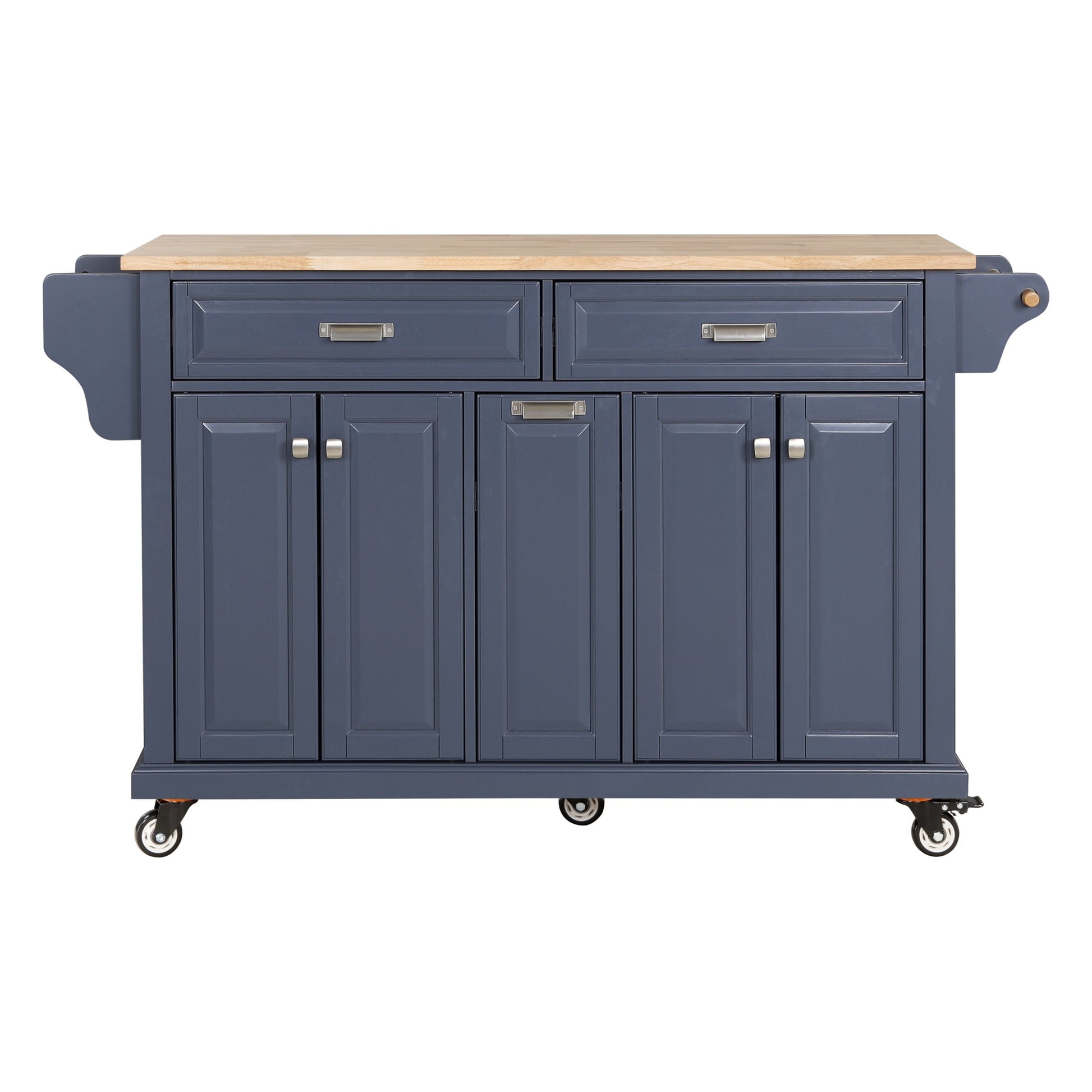 Kitchen Island With Rubber Wood Countertop, Kitchen Cart On 5 Wheels With Storage Cabinet And 2 Top Drawers And A Center Double Layered Storage Drawer For Dinning Room, Blue Blue Dining Room Rectangular Rubberwood Solid Wood Mdf Large 56 In