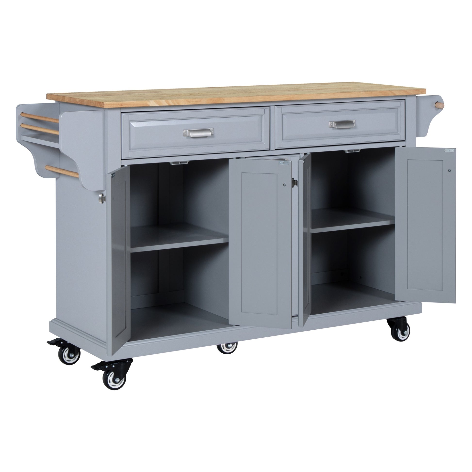 Kitchen Island With Rubber Wood Countertop, Kitchen Cart On 5 Wheels With Storage Cabinet And 2 Top Drawers And A Center Double Layered Storage Drawer For Dinning Room, Grey Grey Dining Room Rectangular Rubberwood Solid Wood Mdf Large 56 In