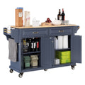 Kitchen Island With Rubber Wood Countertop, Kitchen Cart On 5 Wheels With Storage Cabinet And 2 Top Drawers And A Center Double Layered Storage Drawer For Dinning Room, Blue Blue Dining Room Rectangular Rubberwood Solid Wood Mdf Large 56 In