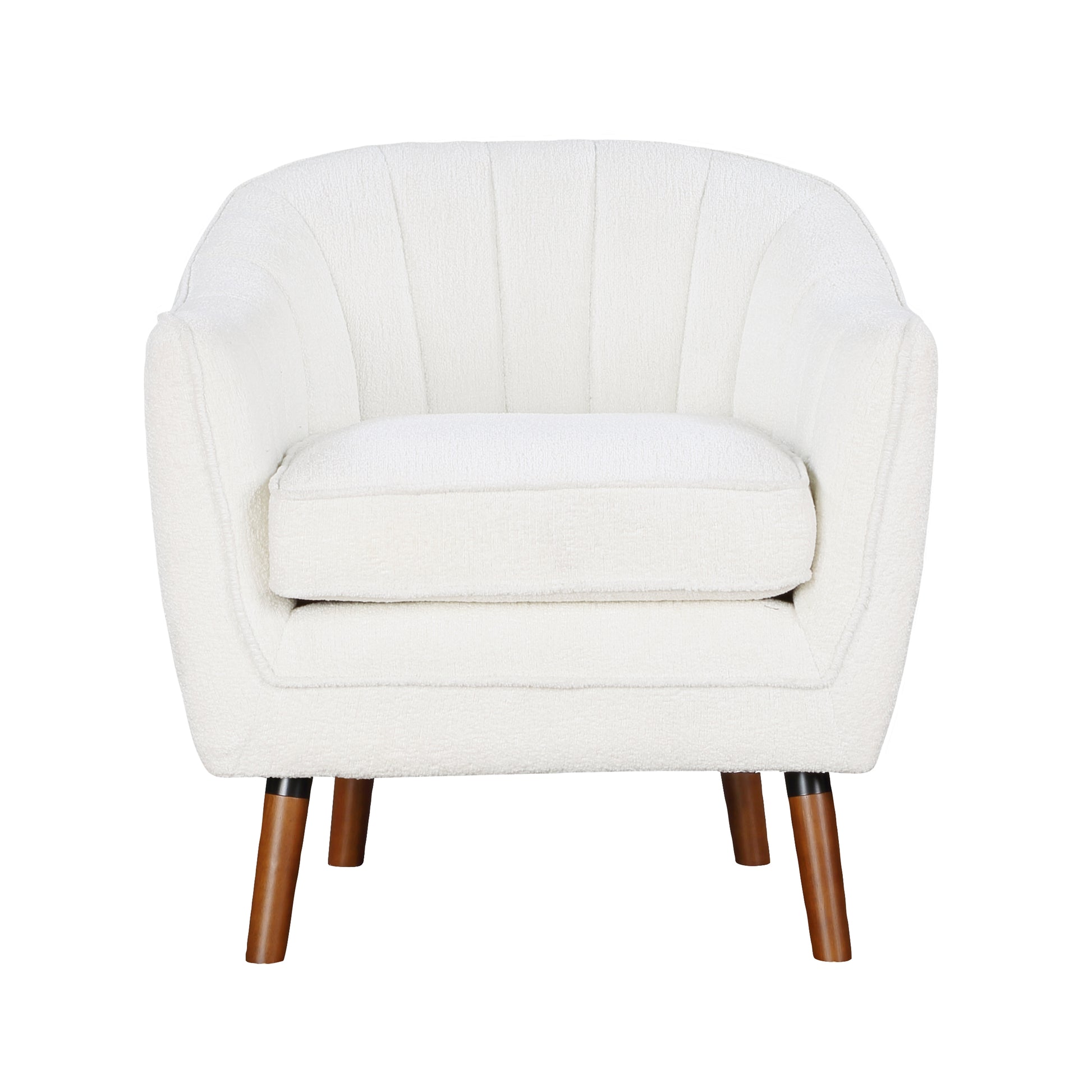 Mid Century Modern Accent Chair 1Pc White Chenille Fabric Upholstered Channel Stitched Back Brown Legs Solid Wood Furniture White Primary Living Space Mid Century Modern Solid Wood