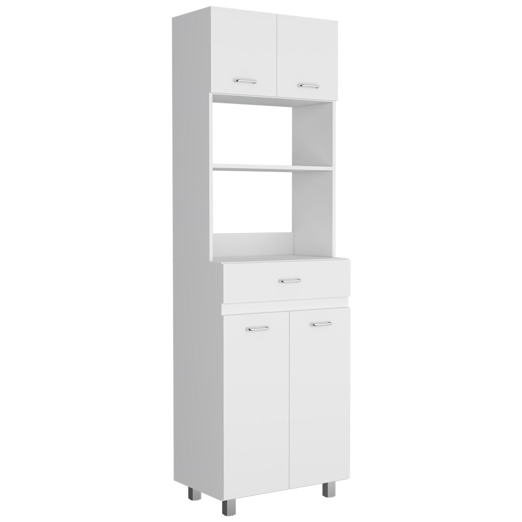 Caribe Microwave Cabinet, Four Legs, One Drawer, Double Door, One Shelf White Freestanding 3 4 Shelves White Kitchen Particle Board Particle Board