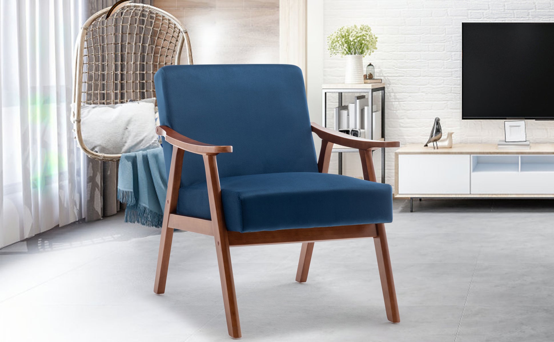 Mid Century Modern Chair, Living Room Chair With Solid Wood Frame, Accent Chair Extra Thick Backrest, Wingback Chair For Bedroom, Reading Room, Living Room, Lounge Chair Indoor Blue Primary Living Space Mid Century Modern Foam Velvet