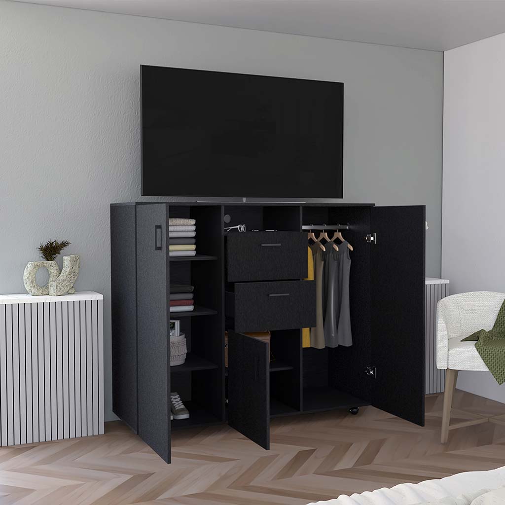 Letna Double Door Cabinet Dresser, Two Drawers, Four Interior Shelves, Three Cabinets With Door, Rod Black Black Particle Board Particle Board