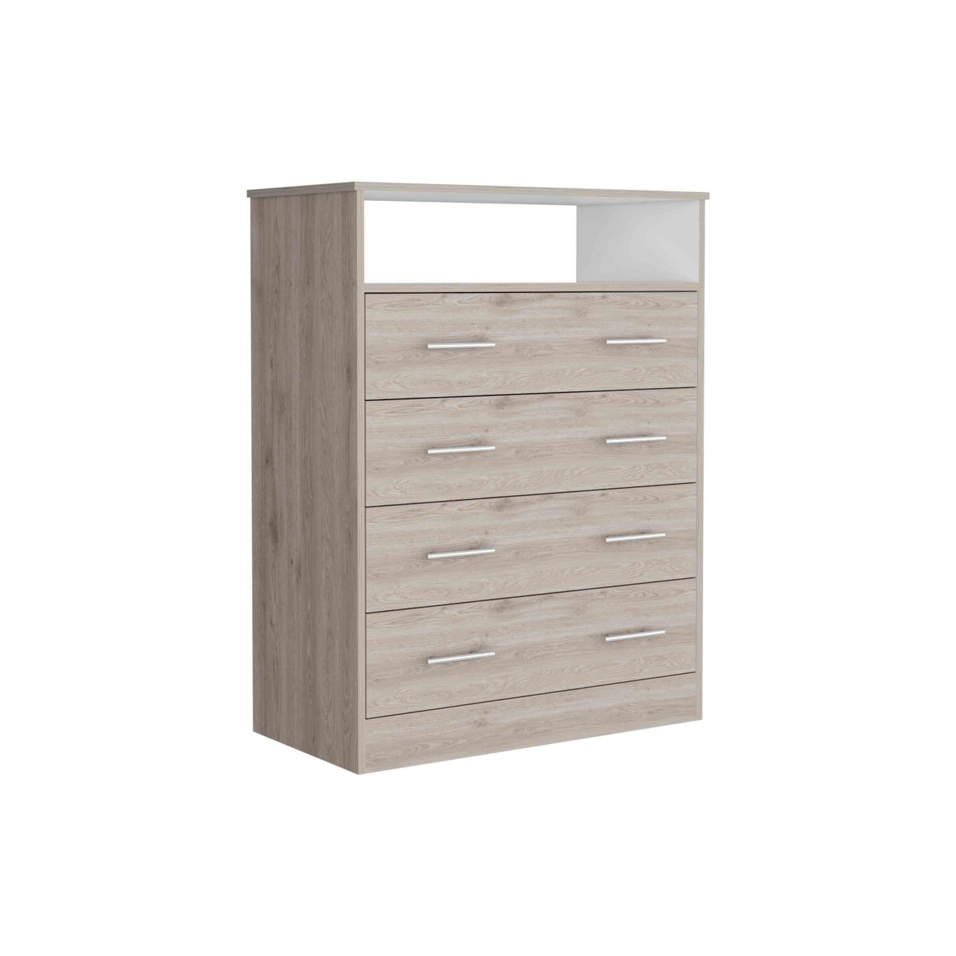 Peru L Four Drawer Dresser, Superior Top, One Open Shelf Light Gray White Gray Bedroom Modern Particle Board Particle Board