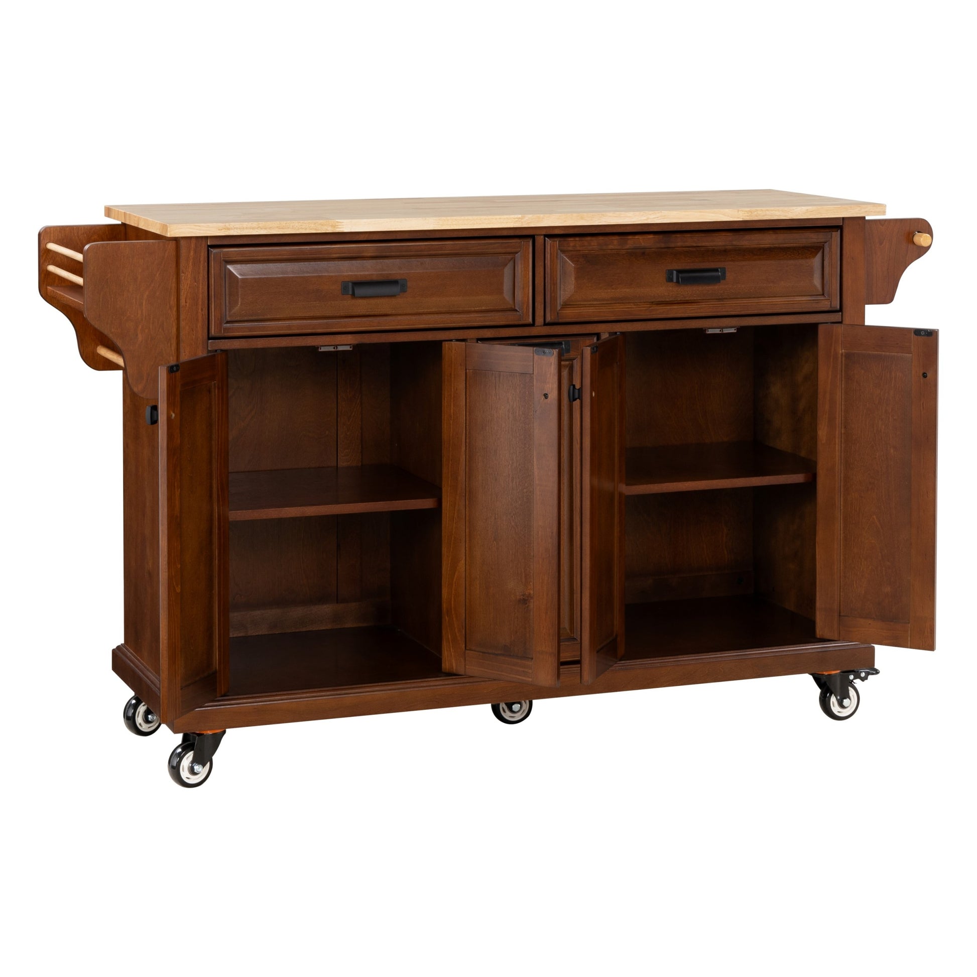 Kitchen Island With Rubber Wood Countertop, Kitchen Cart On 5 Wheels With Storage Cabinet And 2 Top Drawers And A Center Double Layered Storage Drawer For Dinning Room, Mahogany Mahogany Dining Room Rectangular Rubberwood Solid Wood Mdf Large 56 In