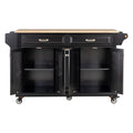 Kitchen Island With Rubber Wood Countertop, Kitchen Cart On 5 Wheels With Storage Cabinet And 2 Top Drawers And A Center Double Layered Storage Drawer For Dinning Room, Black Black Dining Room Rectangular Rubberwood Solid Wood Mdf Large 56 In