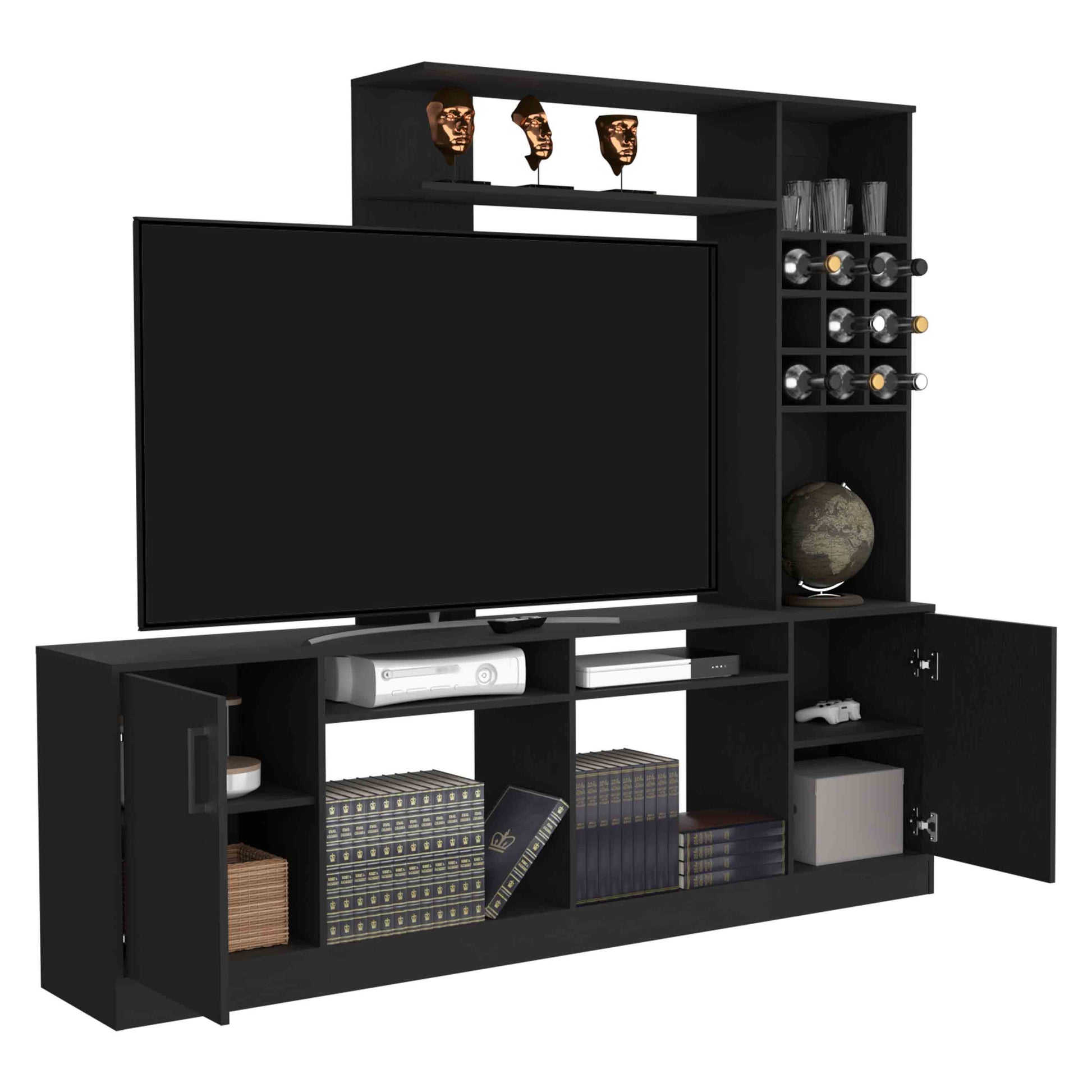 Kava Entertainment Center, Six External Shelves, Double Door Cabinet, Storage Spaces For Tv S Up 37" Black Black Primary Living Space 60 69 Inches Modern Particle Board Particle Board