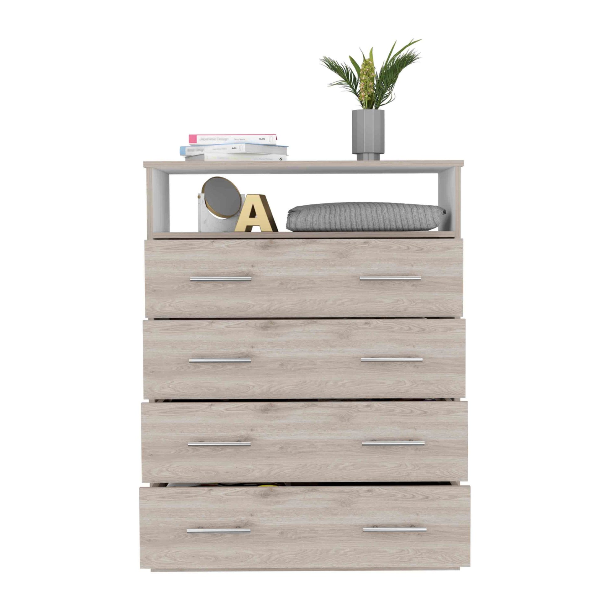 Peru L Four Drawer Dresser, Superior Top, One Open Shelf Light Gray White Gray Drawer 4 Drawers Bedroom Shelf Modern Particle Board Particle Board