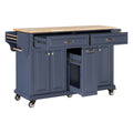 Kitchen Island With Rubber Wood Countertop, Kitchen Cart On 5 Wheels With Storage Cabinet And 2 Top Drawers And A Center Double Layered Storage Drawer For Dinning Room, Blue Blue Dining Room Rectangular Rubberwood Solid Wood Mdf Large 56 In