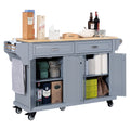 Kitchen Island With Rubber Wood Countertop, Kitchen Cart On 5 Wheels With Storage Cabinet And 2 Top Drawers And A Center Double Layered Storage Drawer For Dinning Room, Grey Grey Dining Room Rectangular Rubberwood Solid Wood Mdf Large 56 In