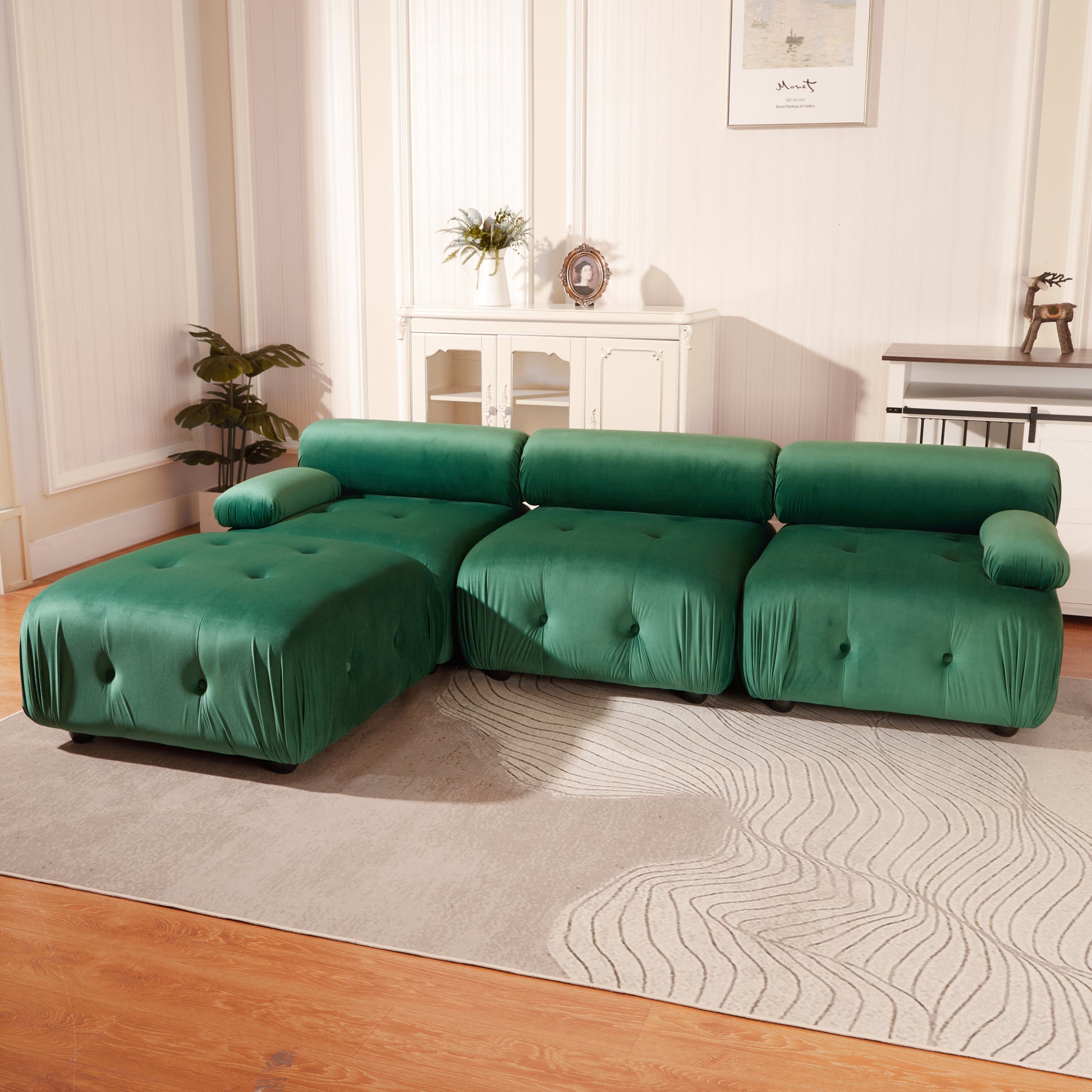 Modular Sectional Sofa Couch, Modern L Shaped Cloud Couch With Reversible Ottoman Convertible Button Tufted Velvet Fabric Couches For Living Room, Diy Combination,Green Green Velvet 4 Seat