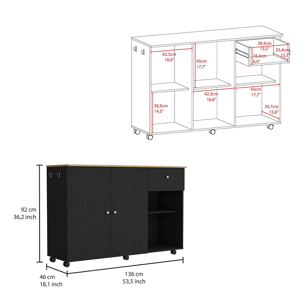 Kitchen Island Cart Victoria, Four Interior Shelves, Six Carters, One Drawer, Double Door Cabinet Black Black Modern Rectangular Stationary Kitchen Islands Particle Board Particle Board Medium 40 55In