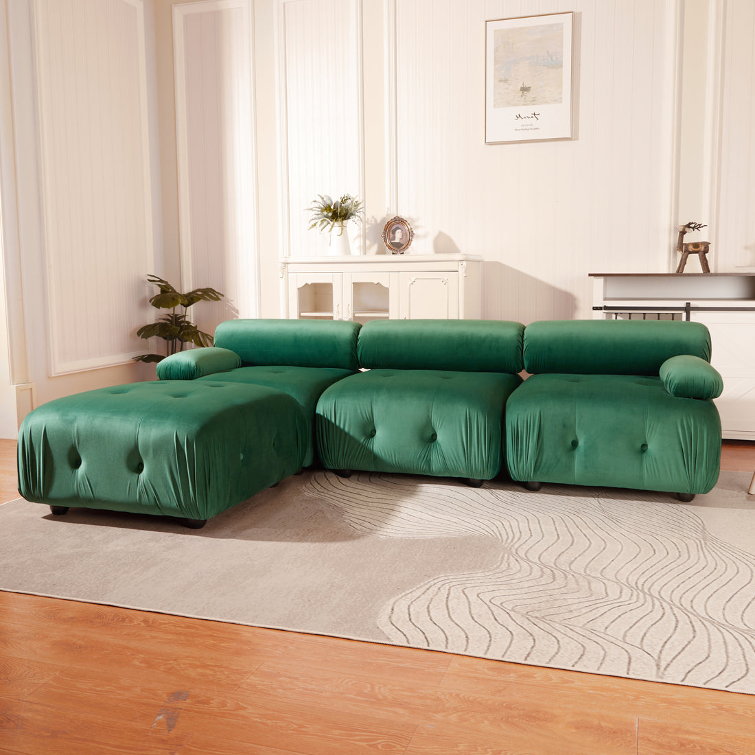 Modular Sectional Sofa Couch, Modern L Shaped Cloud Couch With Reversible Ottoman Convertible Button Tufted Velvet Fabric Couches For Living Room, Diy Combination,Green Green Velvet 4 Seat